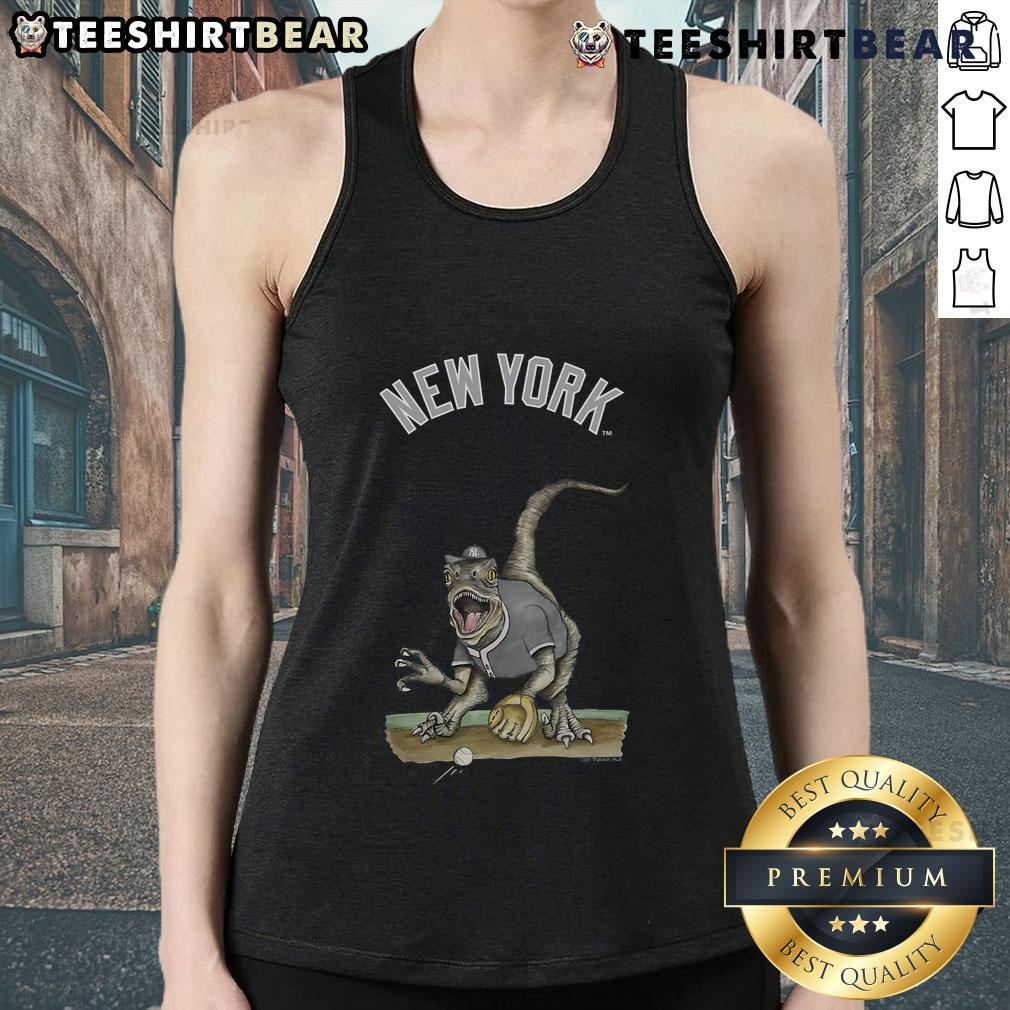 Official New York Yankees Tiny Turnip Velociraptor Tank Top featuring a fun dinosaur design for baseball fans.