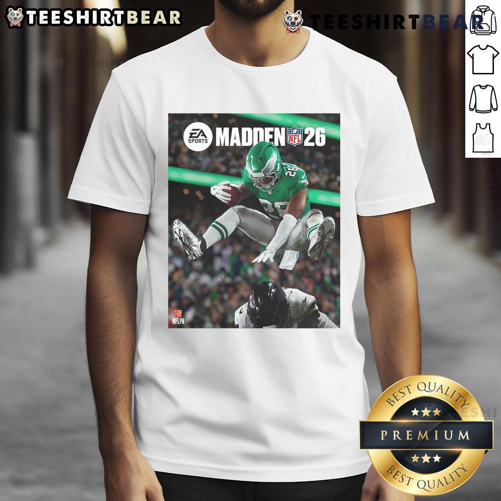 Saquon Barkley Philadelphia Eagles hurdles on Madden NFL T-shirt cover, showcasing athleticism and team pride.