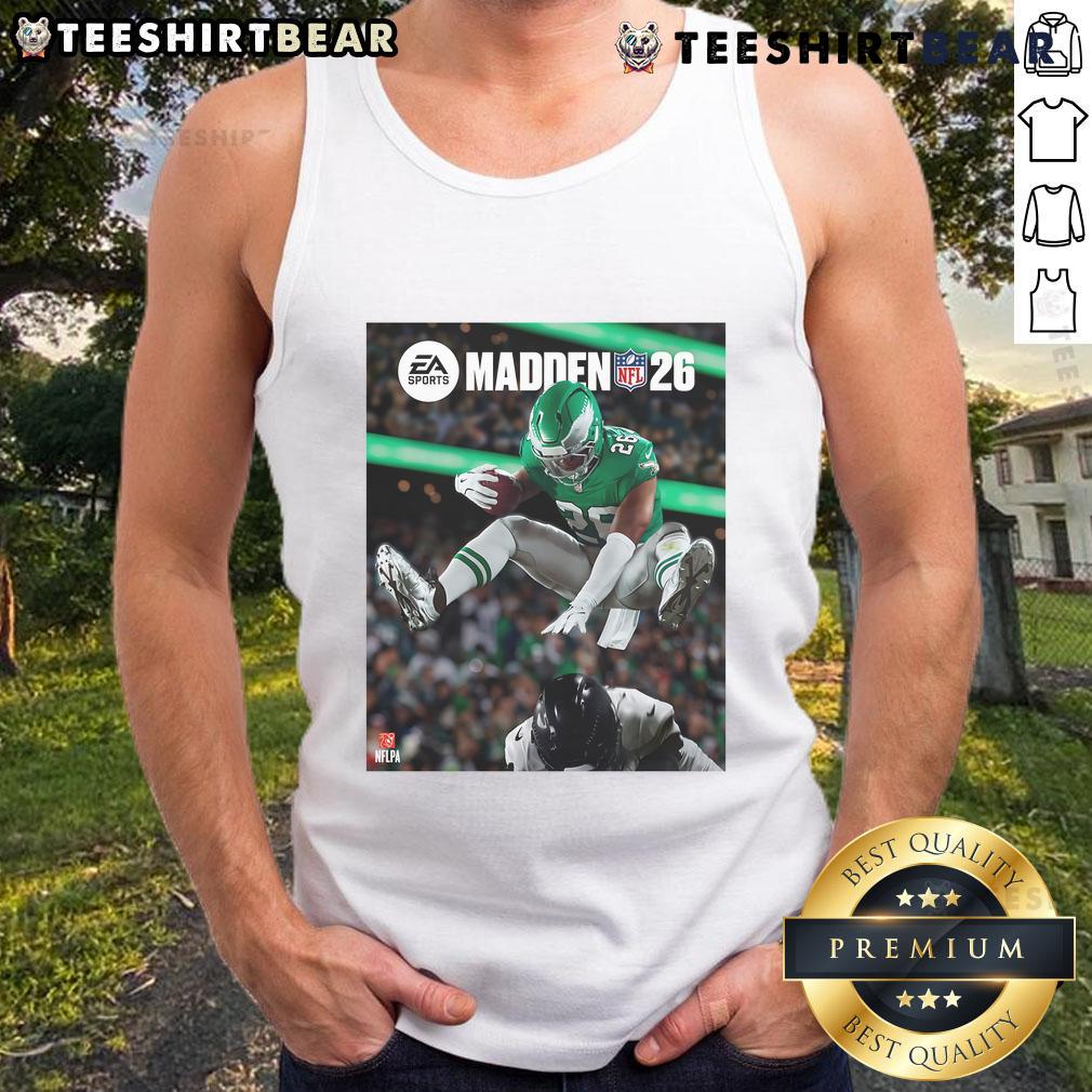 Alt Text: Saquon Barkley leaps gracefully in a Philadelphia Eagles jersey on the Madden NFL tank top cover.