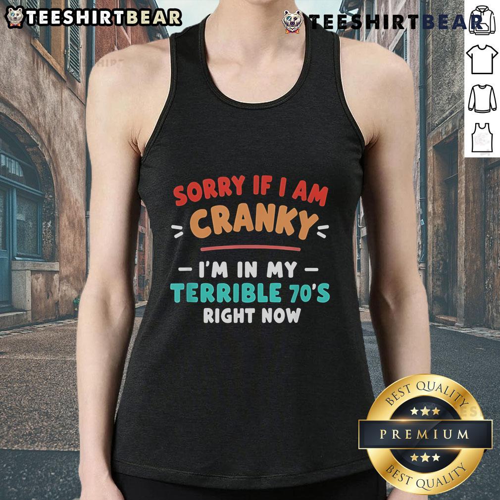 Vintage tank top featuring 'Sorry I'm Cranky' slogan, perfect for 70s style enthusiasts and retro fashion lovers.