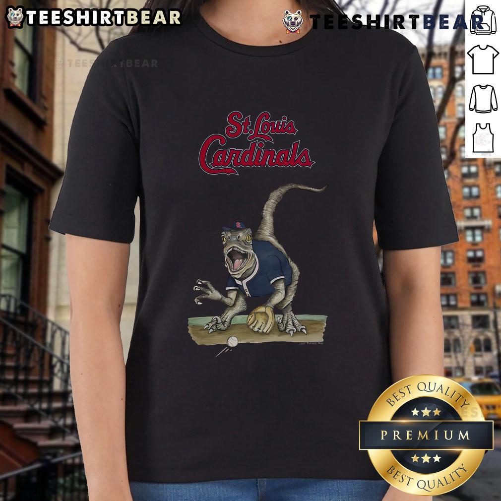 Official St. Louis Cardinals Tiny Turnip Velociraptor Ladies Tee featuring a playful dinosaur design for fans.