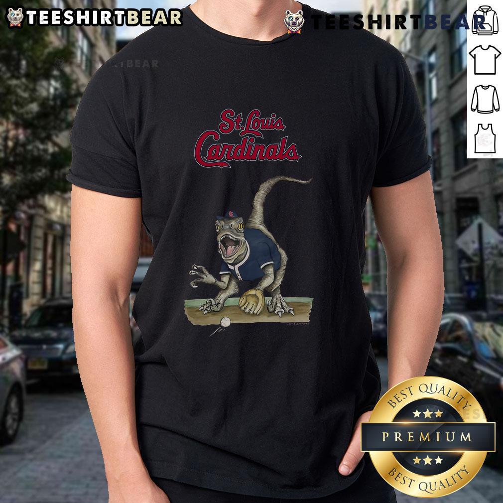 Official St. Louis Cardinals Tiny Turnip Velociraptor T-Shirt featuring a playful dinosaur design for young fans.