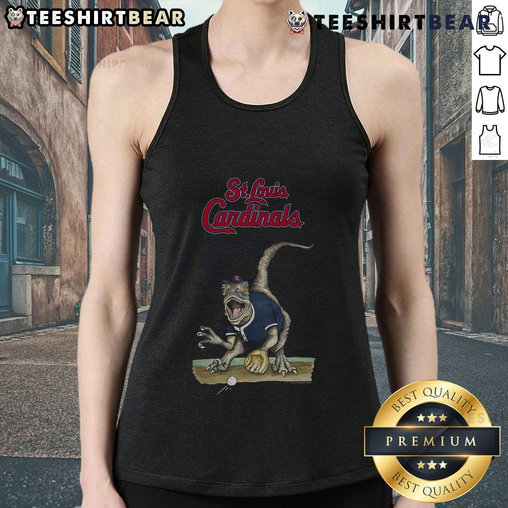 Official St. Louis Cardinals Tiny Turnip Velociraptor Tank Top featuring a playful dinosaur design for fans.