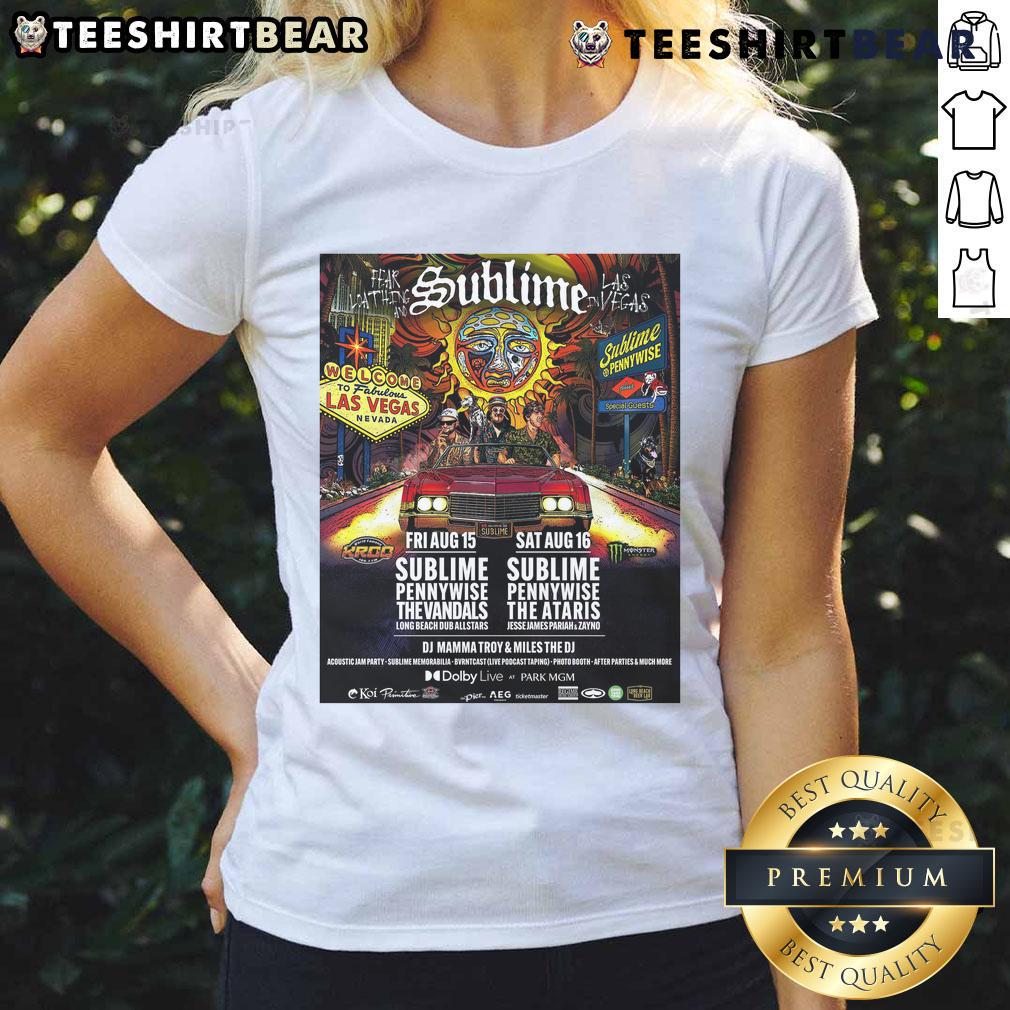 Official Sublime Ladies Tee for the Dolby Live concert in Las Vegas, August 15, 2025, featuring vibrant design and tour details.