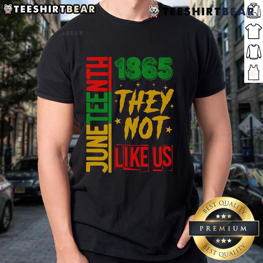 Official They Don't Like Us Juneteenth 1865 Pride T-Shirt featuring vibrant colors and a bold graphic design.