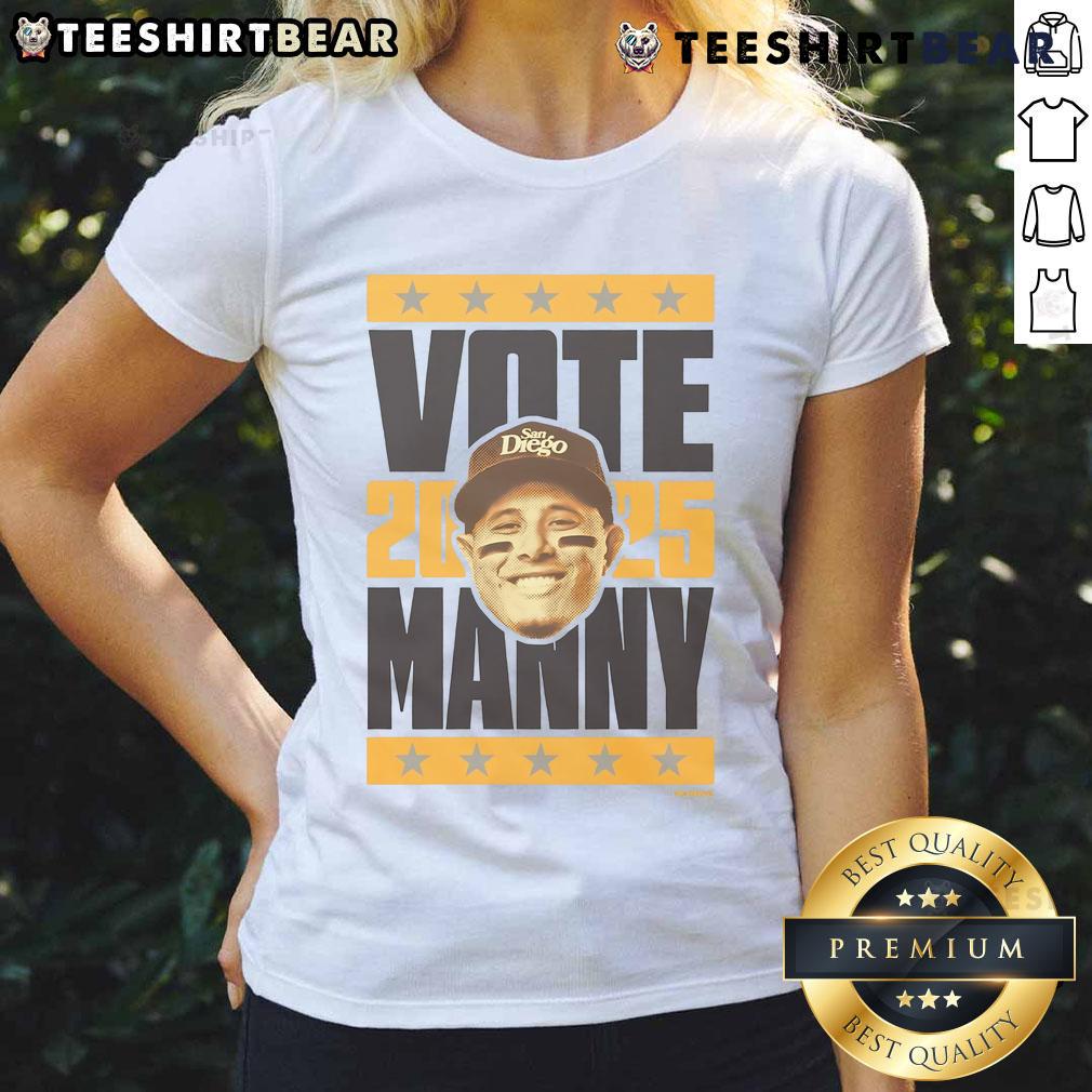 Alt Text: Original Manny Machado 2025 Vote Ladies Tee featuring vibrant graphics and a comfortable fit for fans.