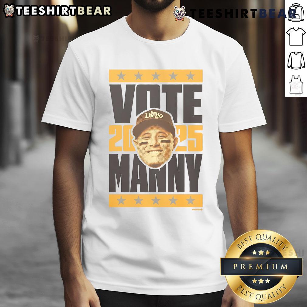 Original Manny Machado 2025 Vote T-Shirt featuring bold graphics and vibrant colors, perfect for baseball fans.