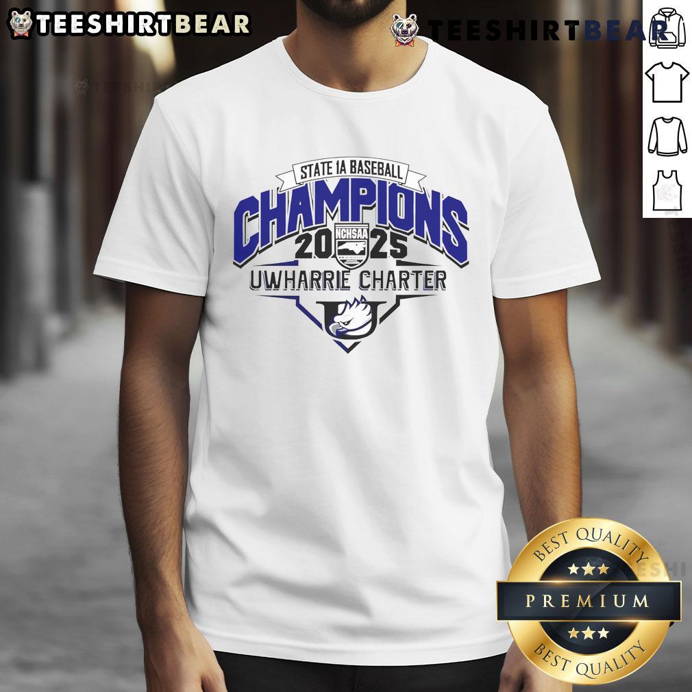 Alt Text: Original Uwharrie Charter NCHSAA State 1A Baseball 2025 Champions logo t-shirt featuring vibrant team graphics.