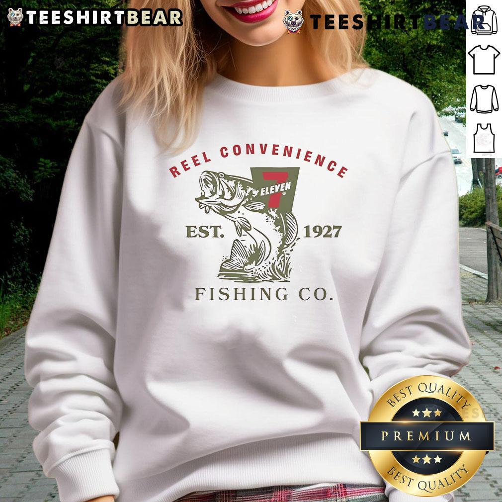 Alt Text: Premium 7-Eleven Reel Convenience Fishing Co sweatshirt, established 1927, showcasing a vintage fishing design.