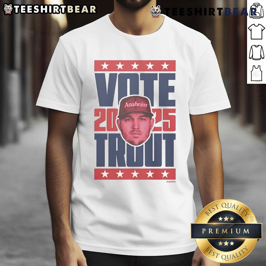 Premium Mike Trout 2025 Vote T-Shirt featuring vibrant graphics, perfect for baseball fans and supporters of the star player.