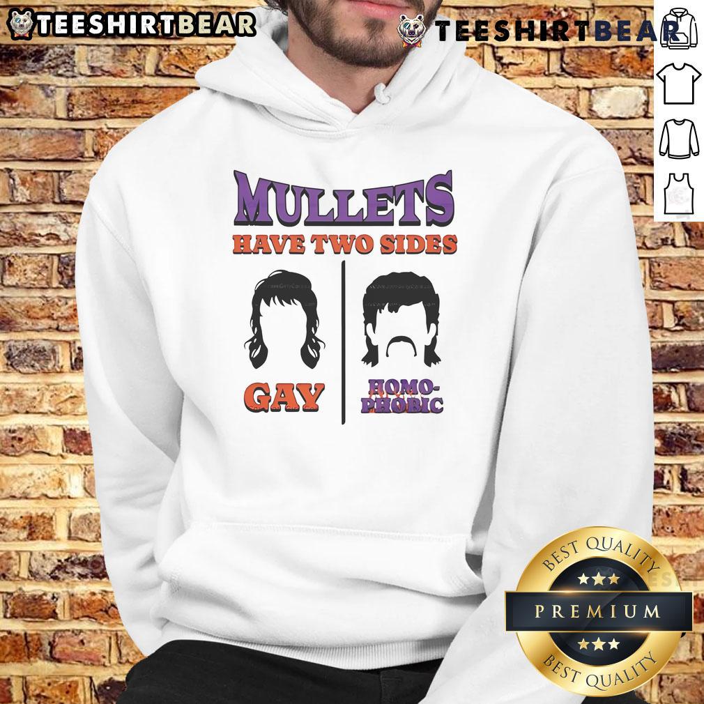 Premium Mullets hoodie featuring a bold design with 'Two Sides: Gay and Homophobic' statement, perfect for unique style.
