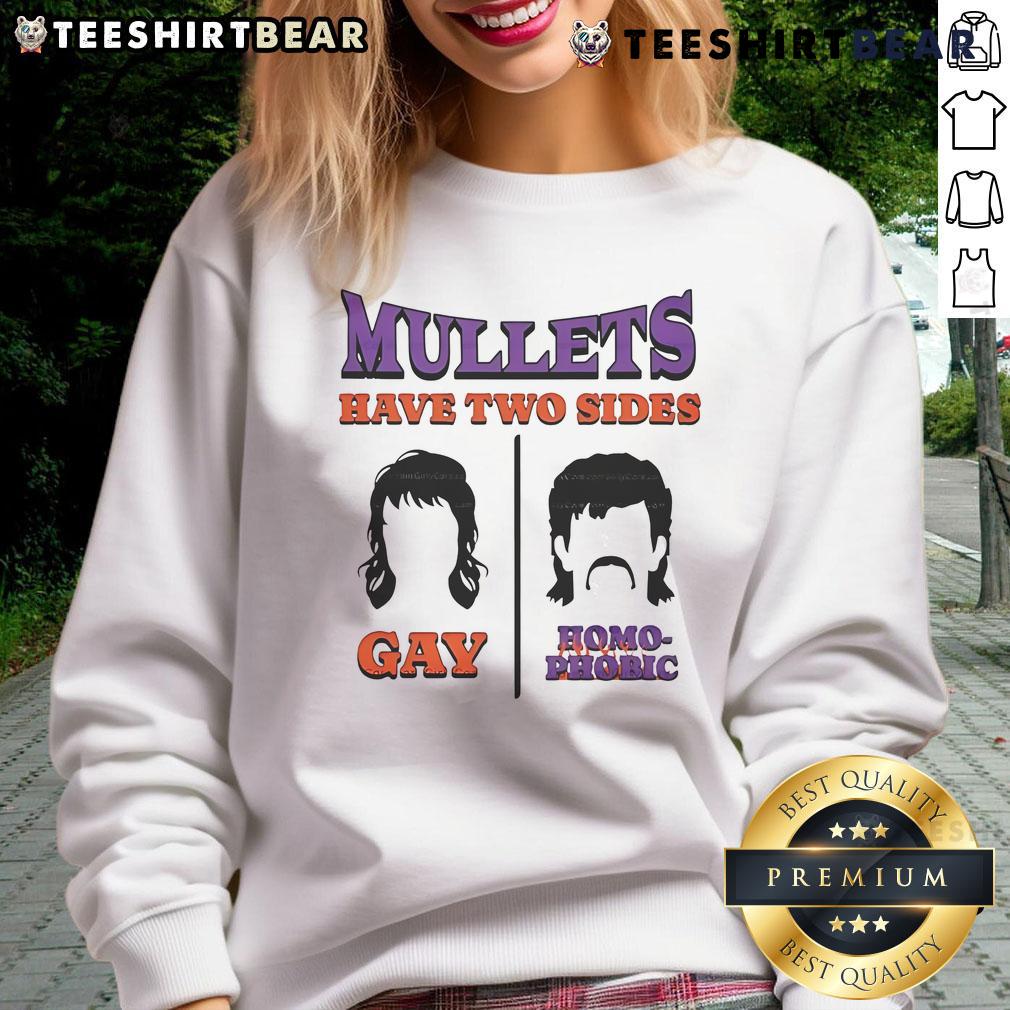 Premium Mullets sweatshirt featuring humor on two sides: gay and homophobic, perfect for bold fashion statements.