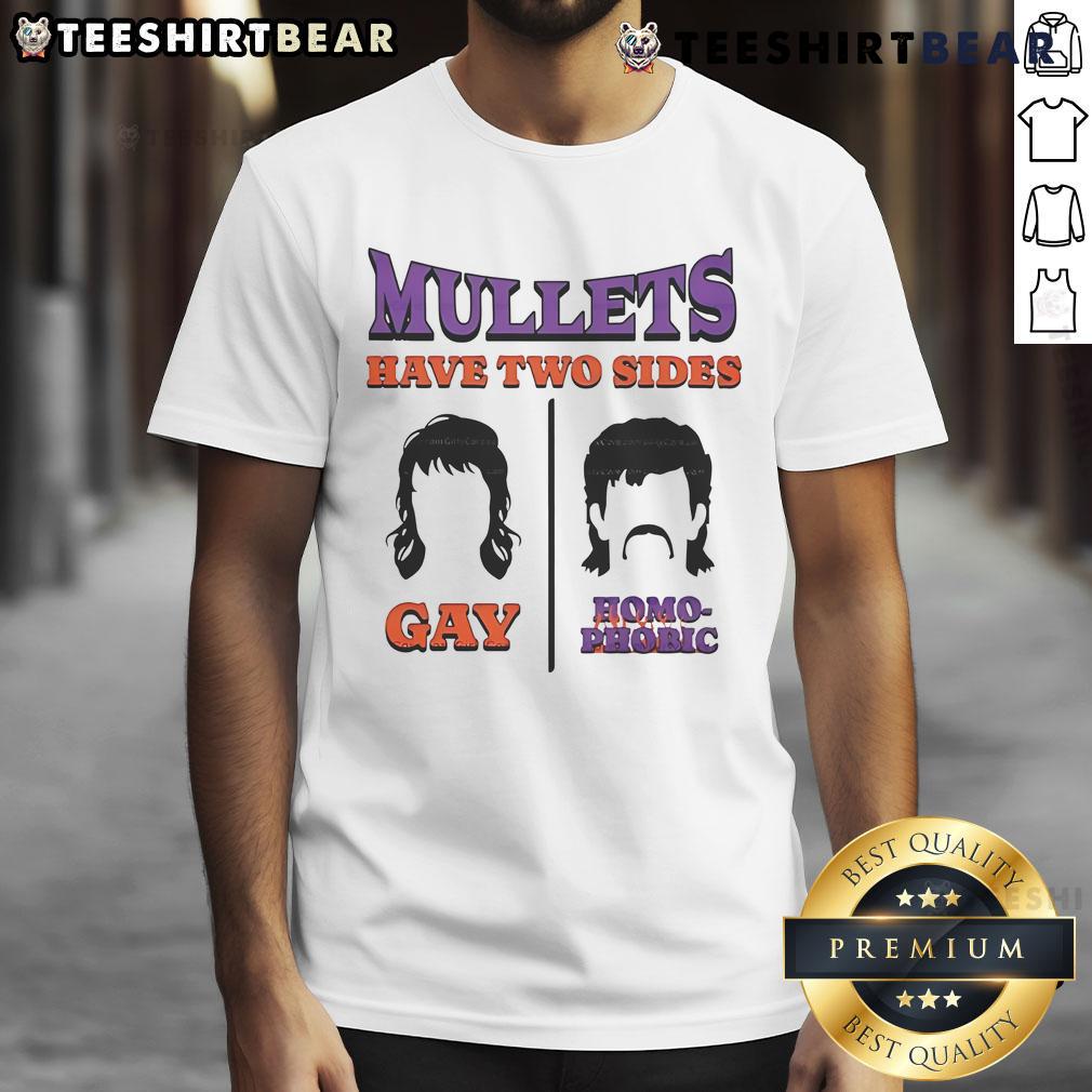 Premium Mullets Have Two Sides Gay And Homophobic T-Shirt design featuring bold text and vibrant colors, perfect for statement wear.
