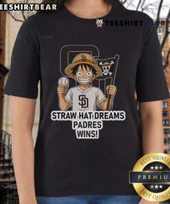 Premium San Diego Padres Monkey D. Luffy Straw Hat Dreams Wins Ladies Tee featuring vibrant colors and playful design.