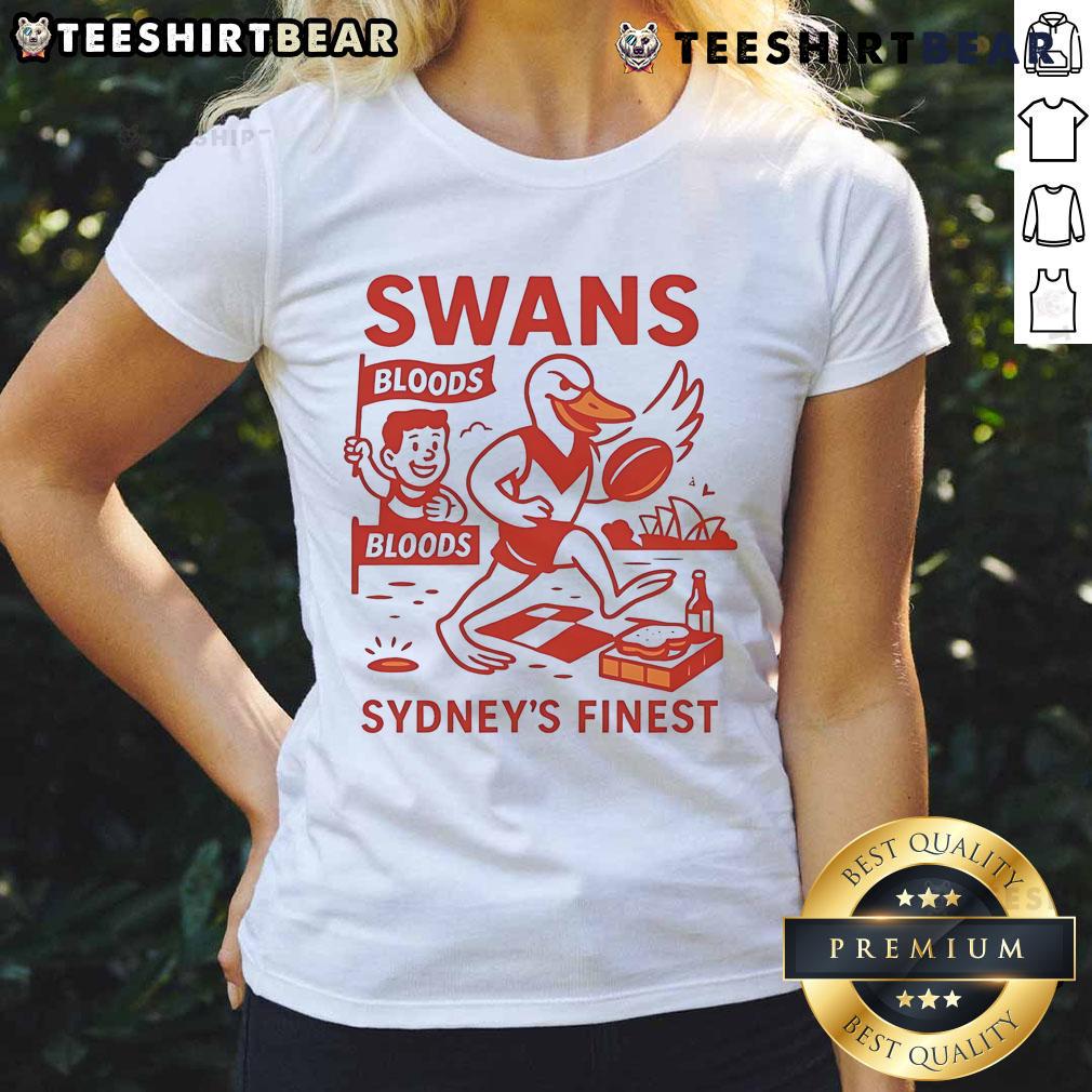 Premium Swans Sydney's Finest cartoon ladies tee featuring colorful swan graphics on a stylish women's shirt.