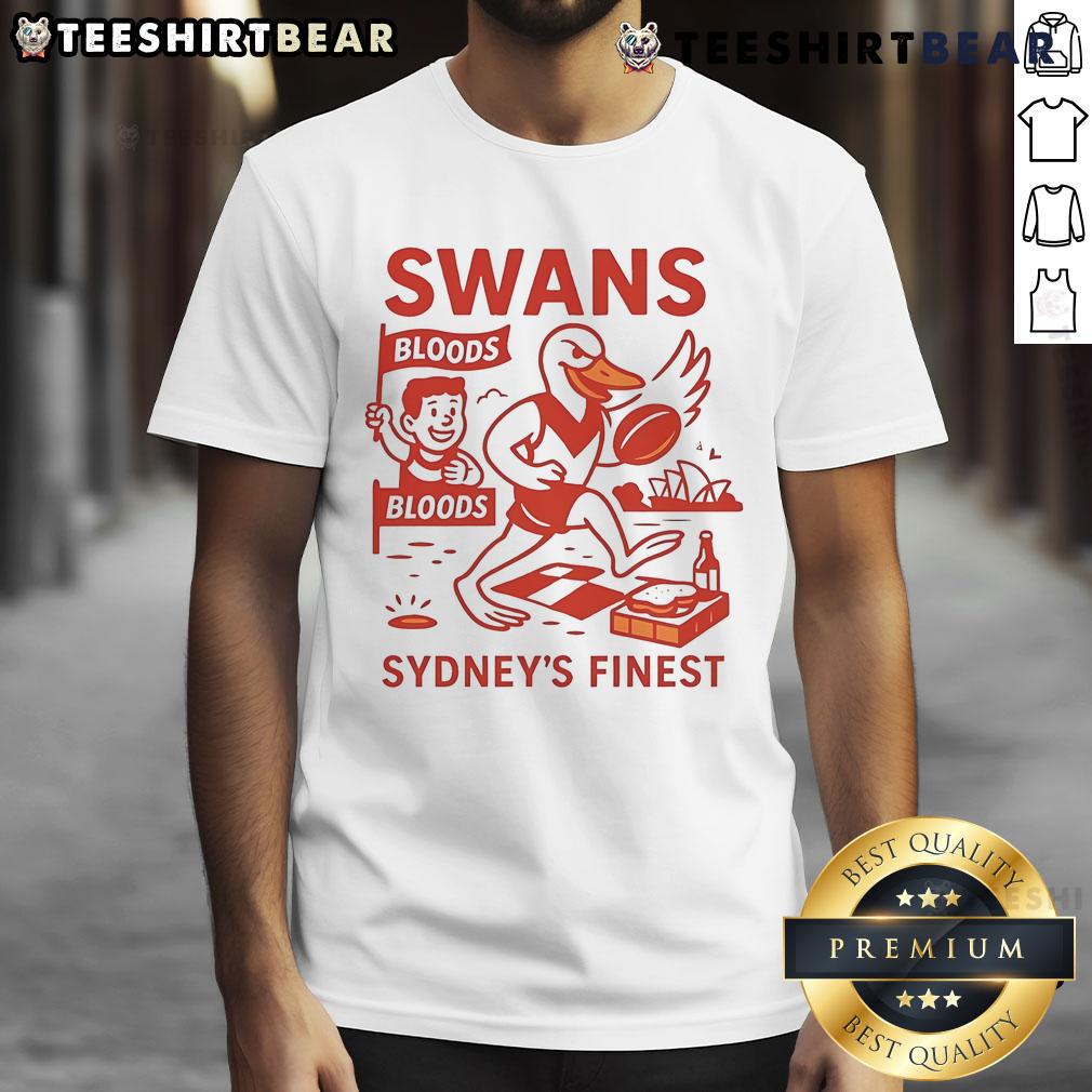 Premium Swans Sydney's Finest Cartoon T-Shirt featuring a vibrant design of cartoon swans in Sydney colors.