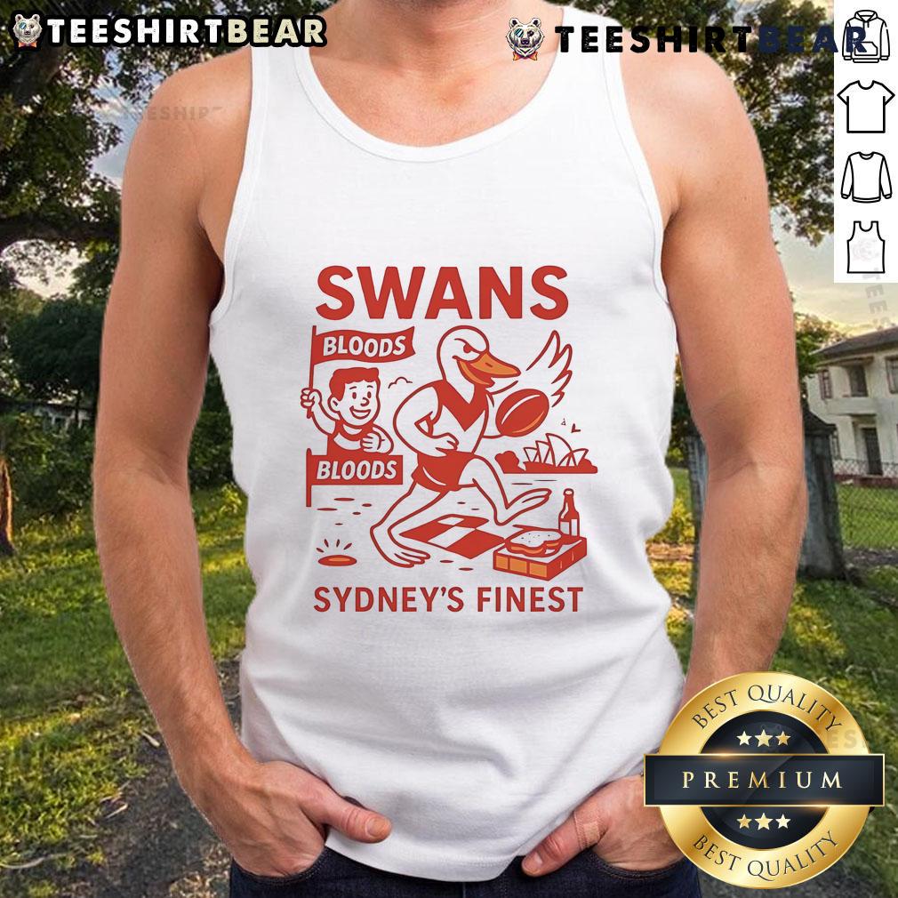 Premium Swans Sydney's Finest cartoon tank top featuring vibrant swan graphics, perfect for summer fashion.