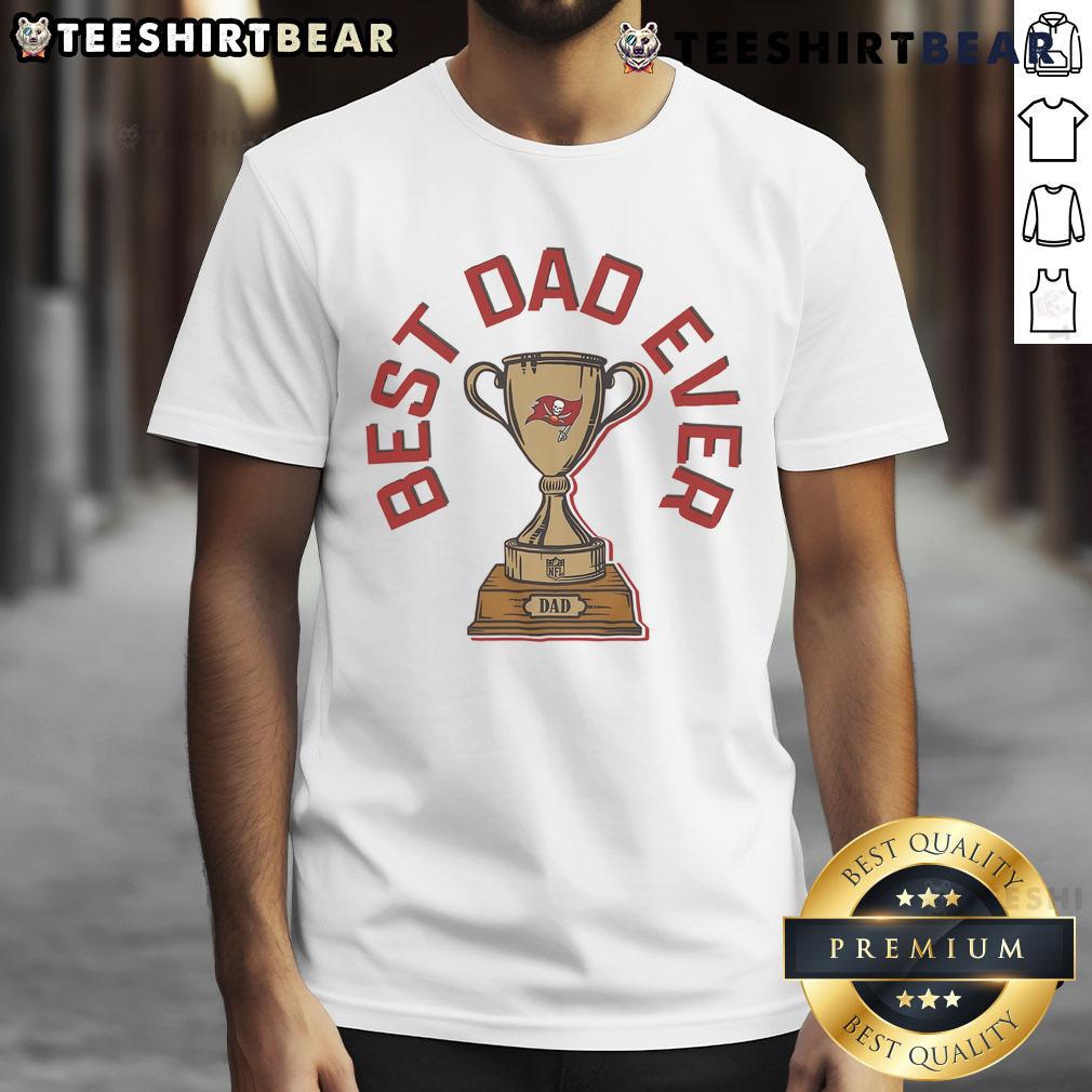 Premium Tampa Bay Buccaneers 'Best Dad Ever' Trophy T-Shirt featuring team colors and logo for proud dads and fans.