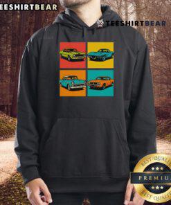 Premium vintage classic muscle cars pop art hoodie featuring vibrant graphics and stylish design for car enthusiasts.