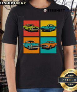Premium vintage classic muscle cars pop art ladies tee featuring vibrant colors and stylish design for car enthusiasts.