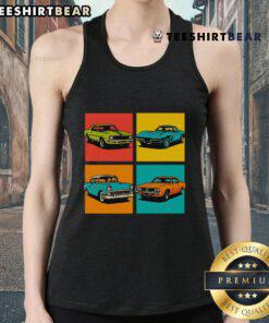 Premium Vintage Classic Muscle Cars Pop Art Tank Top featuring colorful automotive designs for car enthusiasts.