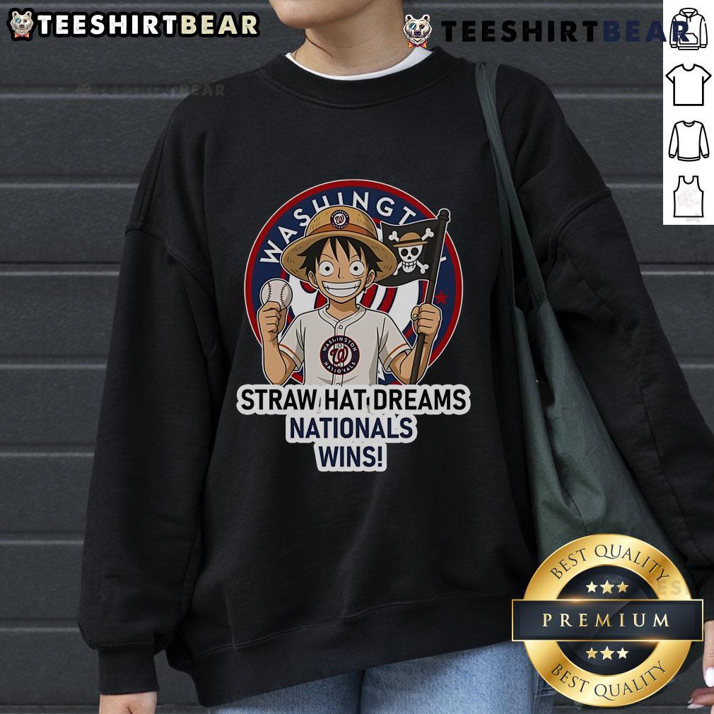 Premium Washington Nationals Monkey D. Luffy Straw Hat Dreams Wins Sweatshirt featuring vibrant team colors and iconic design.