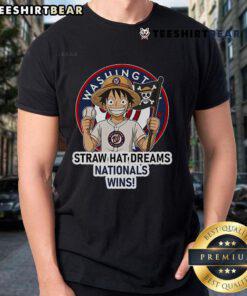 Alt Text: Premium Washington Nationals Monkey D. Luffy Straw Hat Dreams Wins T-Shirt featuring vibrant graphics and team logo.