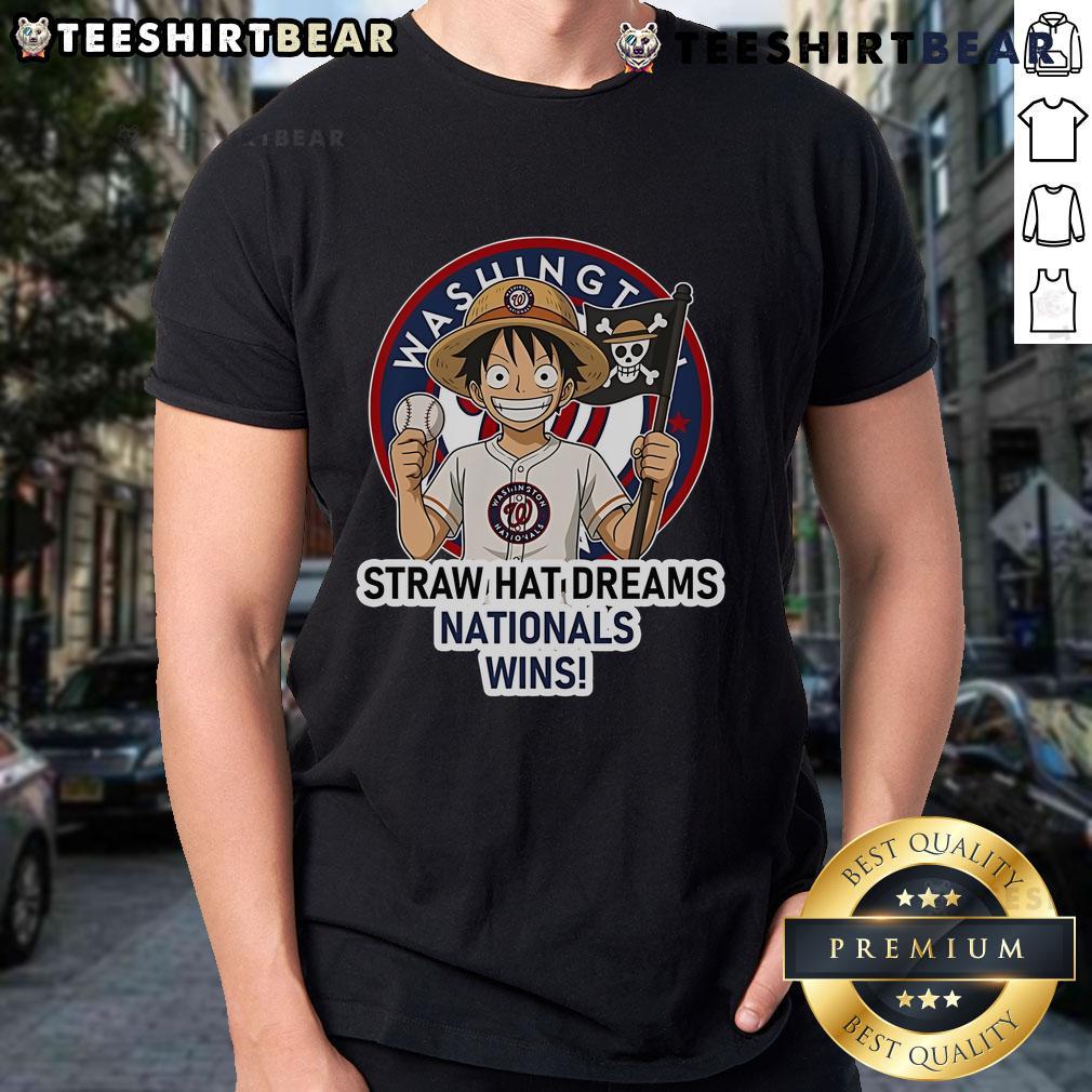 Alt Text: Premium Washington Nationals Monkey D. Luffy Straw Hat Dreams Wins T-Shirt featuring vibrant graphics and team logo.