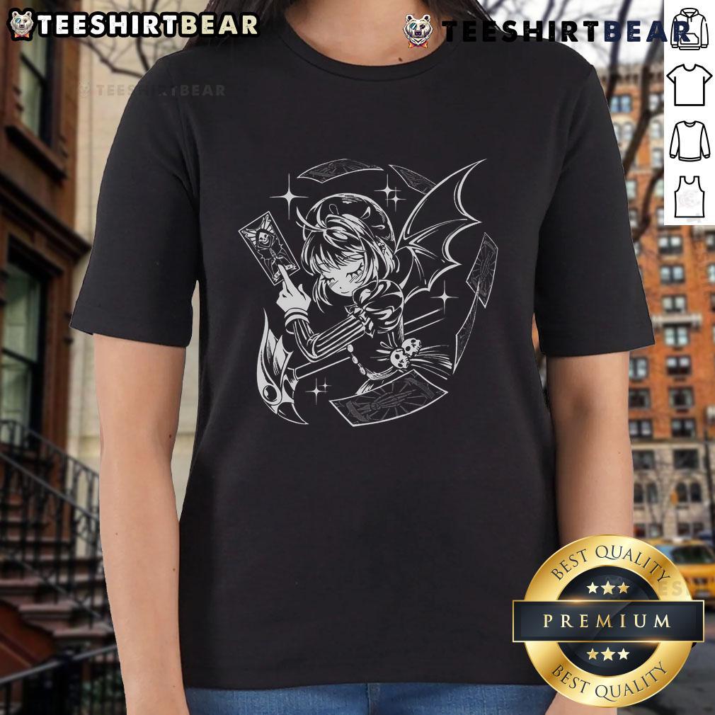Pretty dark blossom gothic anime girl on a tarot death card design for ladies' tee, featuring vibrant colors and intricate details.