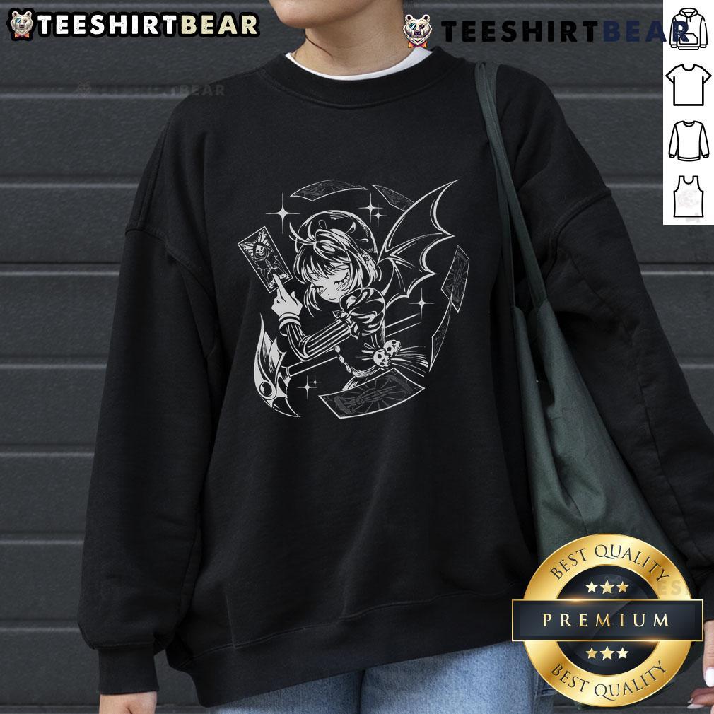 Pretty dark blossom gothic anime girl tarot death card sweatshirt design featuring vibrant colors and intricate details.