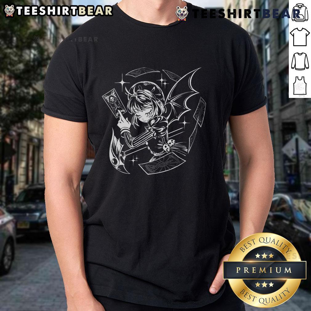 Pretty dark blossom gothic anime girl on a tarot death card t-shirt design, perfect for gothic fashion lovers.