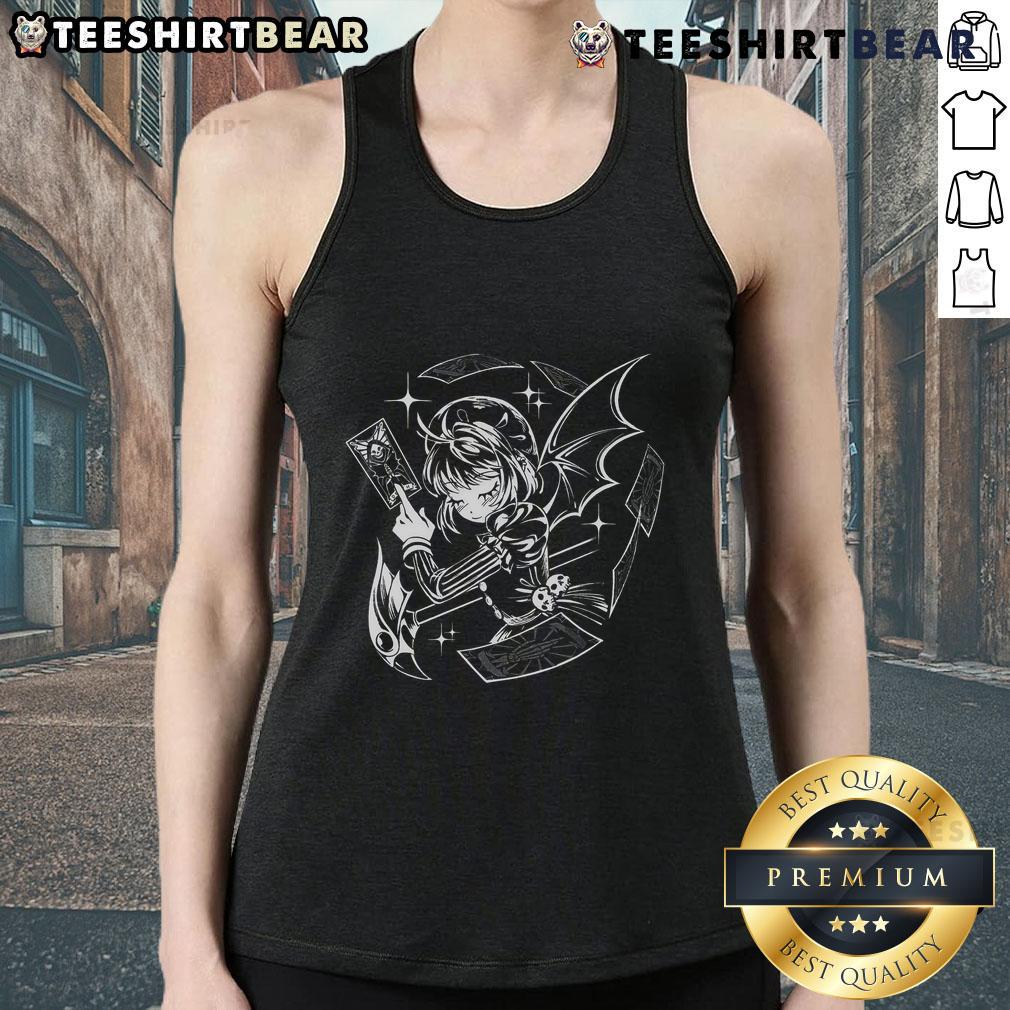 Alt Text: Gothic anime girl in a dark blossom design on a tarot death card tank top, perfect for alternative fashion fans.