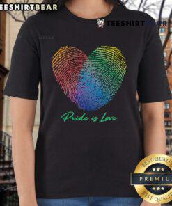 Pretty Pride Is Love fingerprint heart ladies tee design celebrating love and diversity in vibrant colors.