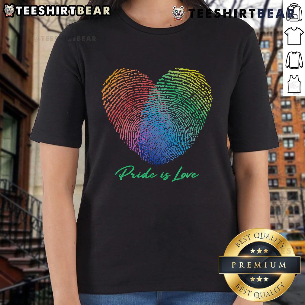 Pretty Pride Is Love fingerprint heart ladies tee design celebrating love and diversity in vibrant colors.