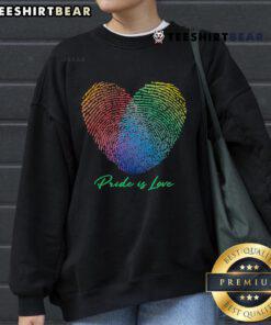 Pretty Pride Is Love fingerprint heart sweatshirt showcasing vibrant LGBTQ+ colors and a heartfelt design.