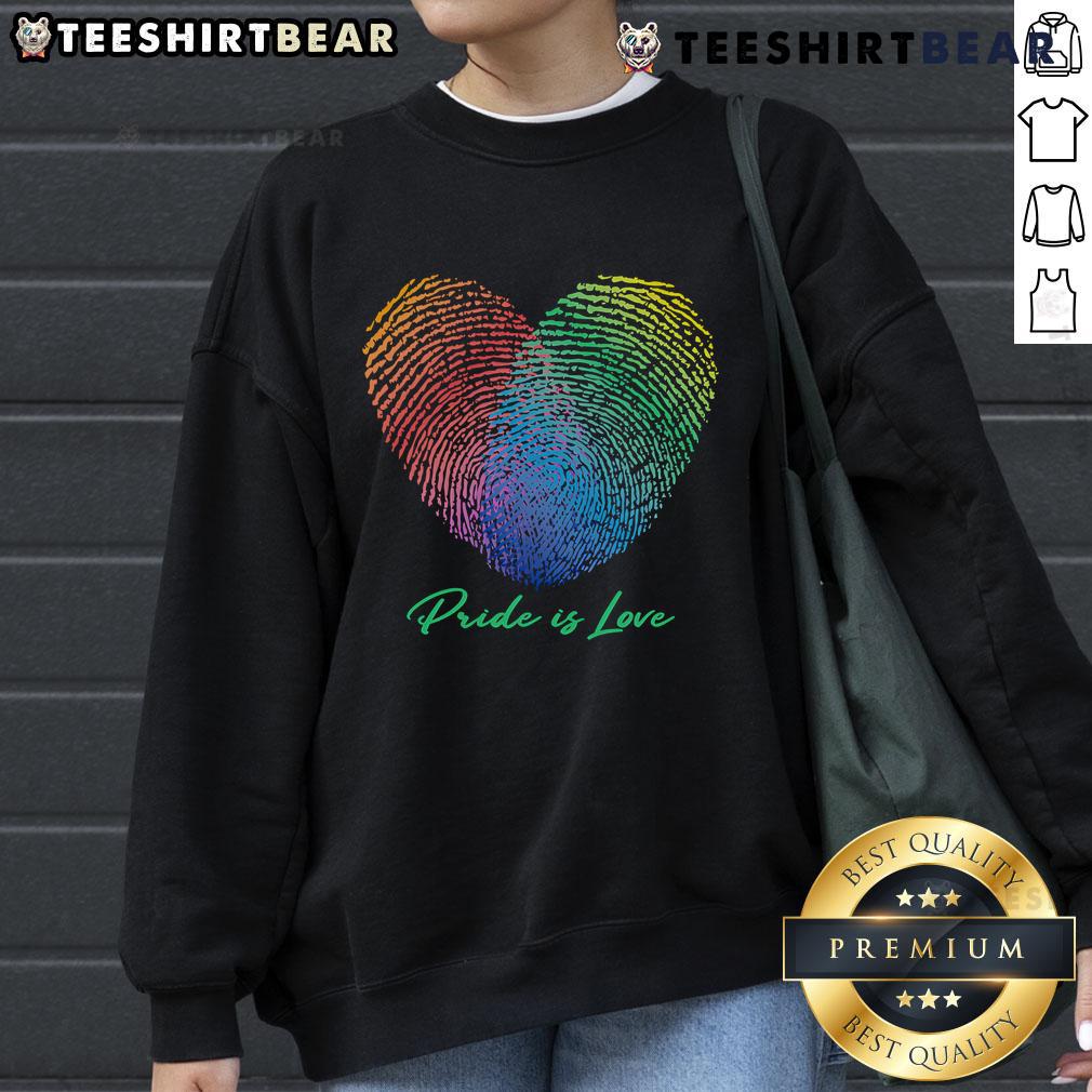 Pretty Pride Is Love fingerprint heart sweatshirt showcasing vibrant LGBTQ+ colors and a heartfelt design.