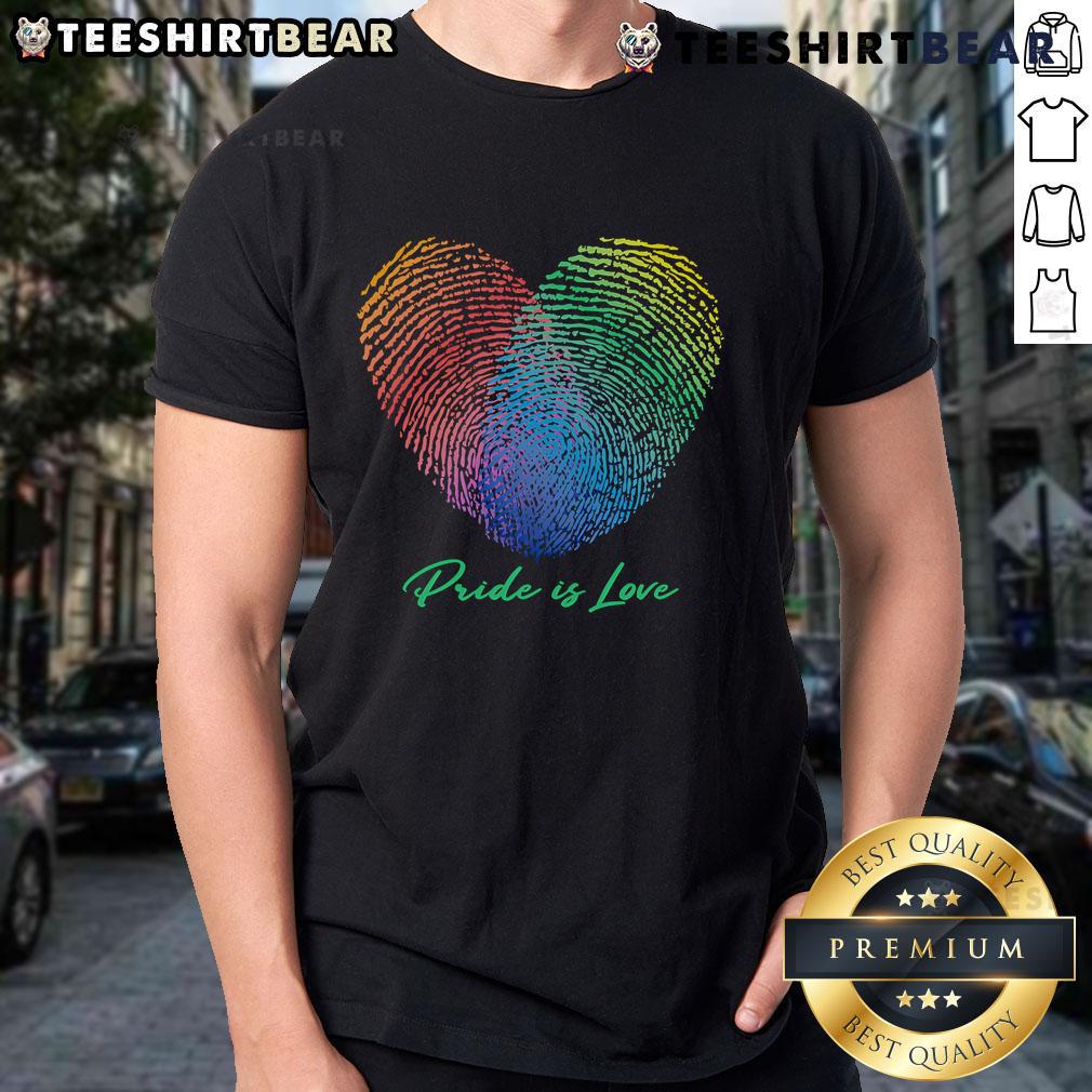 Pretty Pride Is Love Fingerprint Heart T-Shirt featuring a colorful heart design celebrating love and inclusivity.