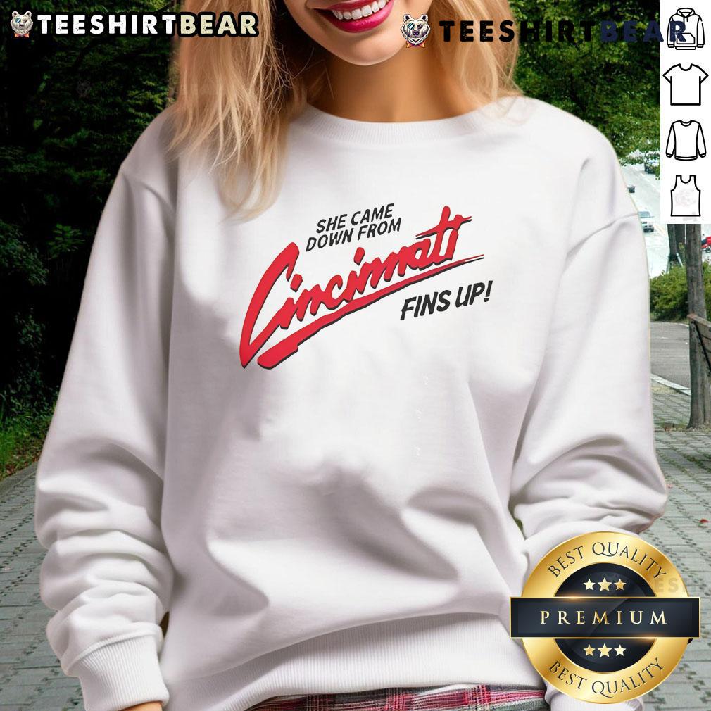 Alt Text: Stylish 'Pretty She Came Down From Cincinnati' sweatshirt in vibrant colors, perfect for casual outfits and fans.