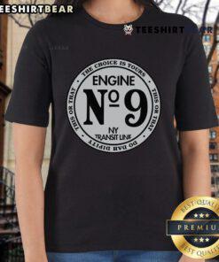 Top Engine 9 on the New York Transit Line ladies tee featuring stylish design and vibrant colors for transit enthusiasts.