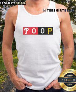 Top fans proudly wearing commemorative Phillies Pirates POOP tank tops at a baseball game, showcasing team spirit.