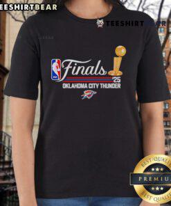 Alt Text: Top Gold Trophy Script Finals Logo 2025 on an Oklahoma City Thunder Ladies Tee, featuring vibrant team colors.