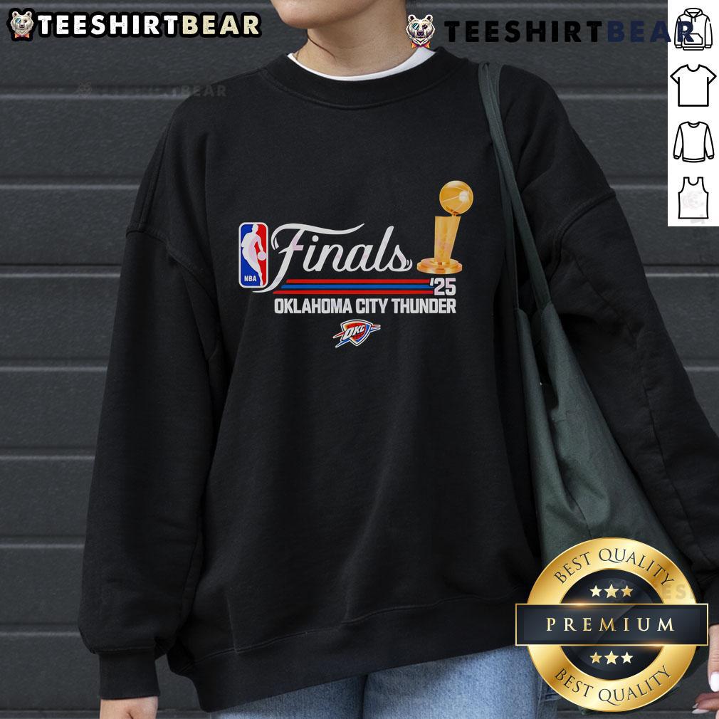 2025 Oklahoma City Thunder sweatshirt featuring the Top Gold Trophy Script Finals logo, perfect for fans and collectors.