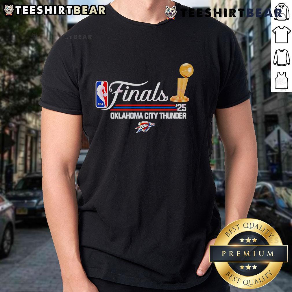 Alt Text: Top Gold Trophy Script Finals Logo 2025 Oklahoma City Thunder T-Shirt featuring vibrant team colors and design.