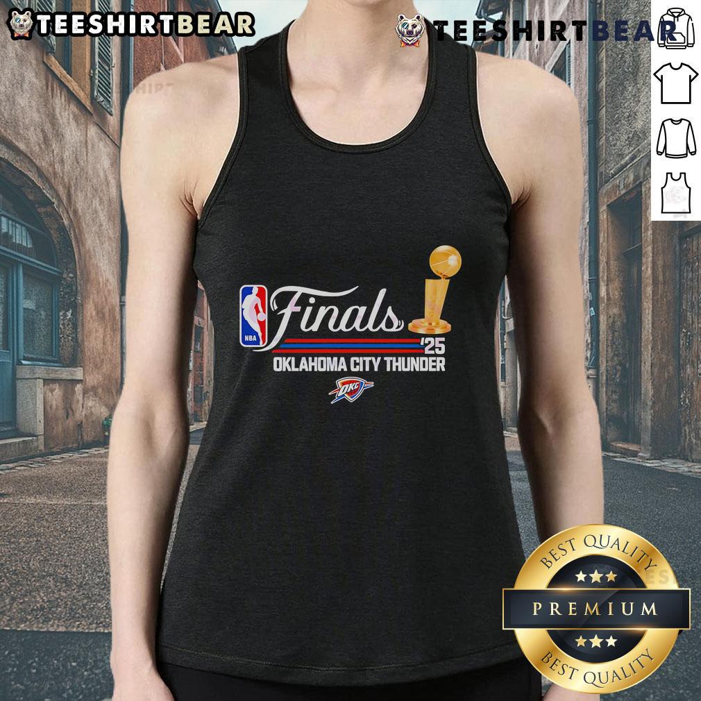 Top Gold Trophy Script Finals Logo 2025 on Oklahoma City Thunder tank top, perfect for fans and collectors.