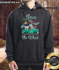 Alt Text: Philadelphia Eagles Snoopy 'Jesus Take The Wheel' hoodie design featuring cartoon Snoopy driving a car.