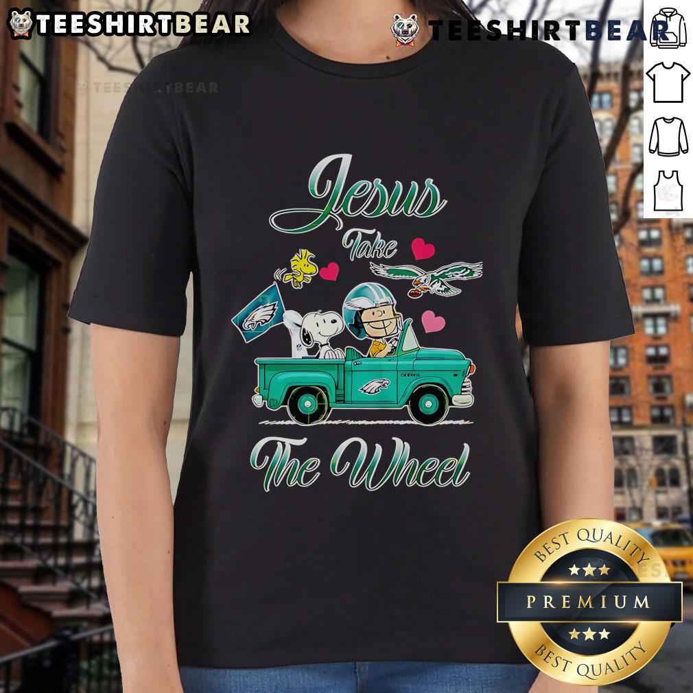 Top Jesus Take The Wheel Philadelphia Eagles Snoopy driving in a car on ladies tee shirt design.