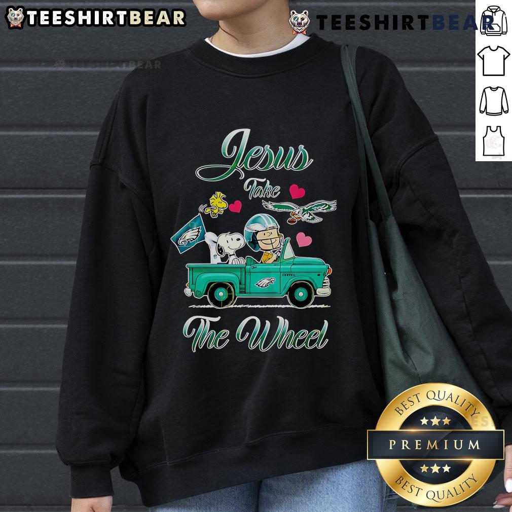 Top Jesus Take The Wheel Philadelphia Eagles Snoopy sweatshirt featuring a fun car design for fans.