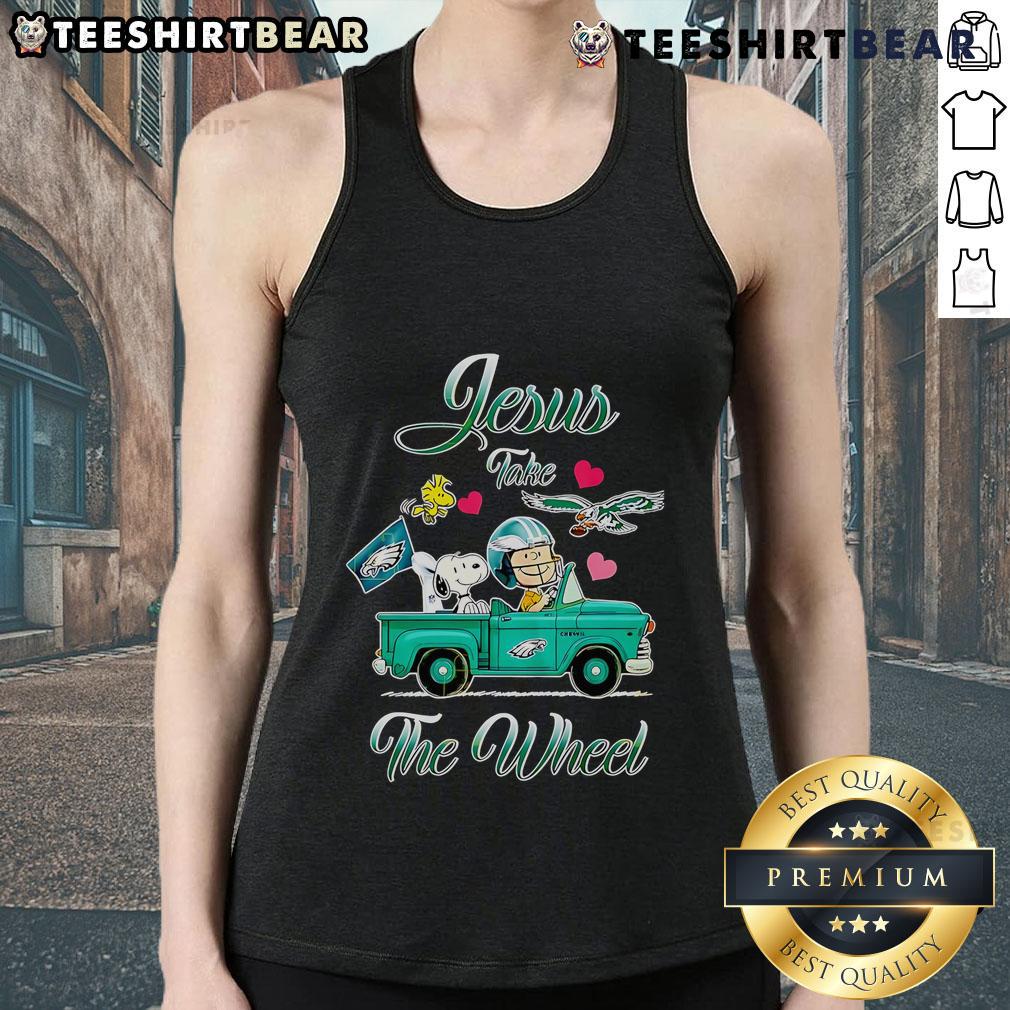 Top Jesus Take The Wheel Philadelphia Eagles Snoopy Go By Car Tank Top featuring a fun graphic design for Eagles fans.