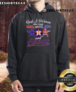 Woman wearing a red, white, and blue Houston Astros hoodie, showcasing team spirit and love for baseball.