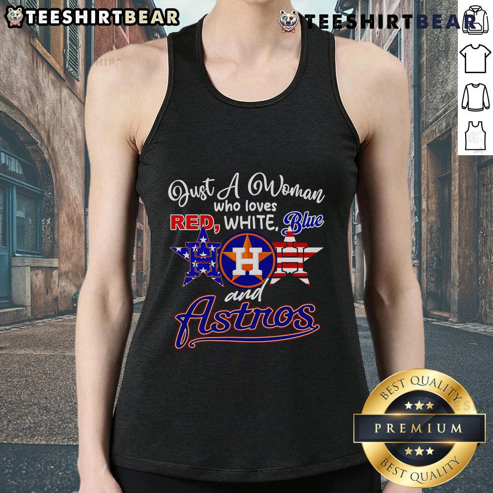 Stylish woman wearing a red, white, and blue Houston Astros tank top, showcasing team spirit and summer fashion.